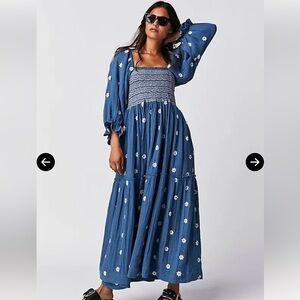 Free People Dahlia Embroidered Maxi Dress in Blue Coastal Combo